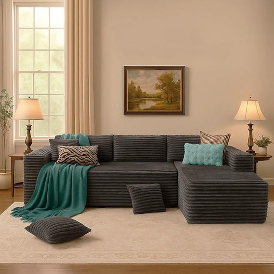 COMHOMA 105”Modular Sectional Sofa with Deep Seat,Cloud Upholstered L-Shape Couch Wide Arms Corduroy Fabric High-Density Foam Chaise Lounge for Living Room No Assembly Required