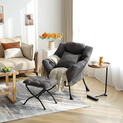 Lazy Chair with Ottoman, Comfy Reading Lounge Chair with Footstool & Throw Pillow Modern with Armrests & Side Pocket for Living Room, Bedroom, Dorm Room, Dark Grey