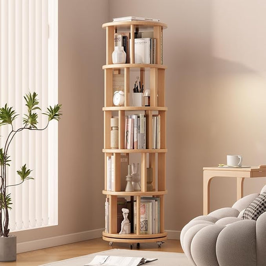 Solid Wood Rotating Bookshelf on Wheels, 5 Tier, Round Revolving Bookcase, 360° Spinning Book Shelf Tower for Kids, Narrow Rolling Bookshelves for Small Space, Corner, Bedroom, Office, Natural