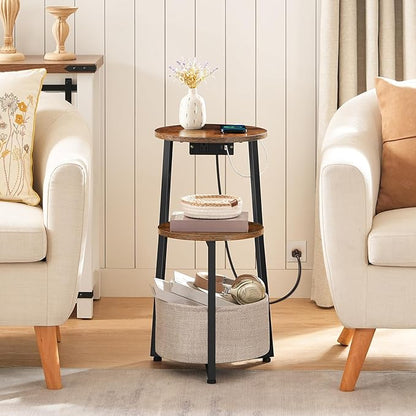 HOOBRO Small Round Side Table with Charging Station, Round End Accent Table with Storage Basket, Compact Sofa Bedside Table for Small Space in Living Room, Bedroom, Rustic Brown BF169UBZ01