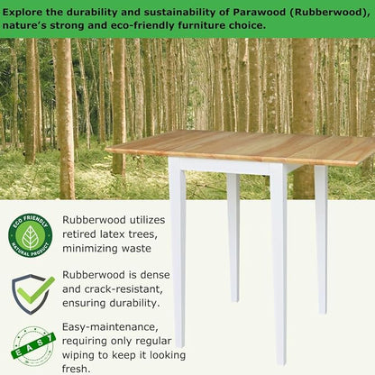 IC International Concepts, Solid Wood Small Drop Leaf Dining Table, Solid Real Wood, Sturdy Parawood, White/Natural