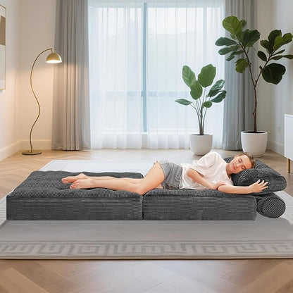 HABUTWAY Folding Sofa Bed, Convertible Sleeper Chair Bed w/Dual-Pillow & Handle, Foldable Floor Sofa Lounge w/Back Support for Living Room, Bedroom, Apartment, Office, Grey