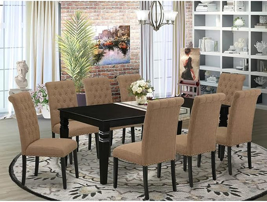 East West Furniture LGBR9-BLK-17 9 Piece Dining Room Table Set Includes a Rectangle Butterfly Leaf Kitchen Table and 8 Light Sable Linen Fabric Upholstered Chairs, 42x84 Inch, Black