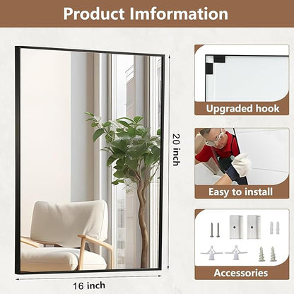 Black Bathroom Mirror, 16"x20" Rectangle Mirror, Matte Black Mirror, Metal Frame Square Corner Vanity Mirror, Wall Mounted Mirror for Modern, Living Room, Bedroom, Horizontal Or Vertical
