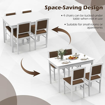 Giantex 5-Piece Dining Table Set for 4 - Breakfast Nook Table Set with Kitchen Table, 4 Upholstered Chairs, Wood Legs, Space-Saving Dinette Set, Kitchen Table Chairs Set of 4 (White+Brown)