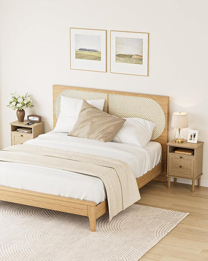 Nightstand, Boho Night Stand with 1 Drawer, Modern Side Accent Table with Open Shelf, Wooden Top Bedside End Table for Bedroom, Living Room, Natural