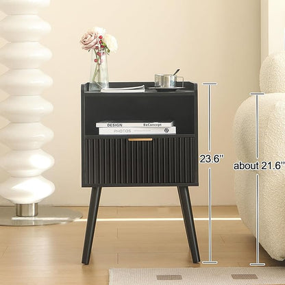 AWASEN Black Fluted Nightstand, Modern Bedside Table with Storage Drawers, Small Night Stand Bed Side Table with Solid Wood for Living Room, Bedroom, Office and Small Space (Black)