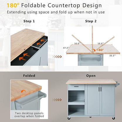 49" Kitchen Island with Foldable Counter Top,Kitchen Storage Cart W/Slide-Out Shelf,Towel Rack and Drawer,Rolling Kitchen Cart on Wheels,for Kitchen,Living Room,Dining Room,Grey Blue