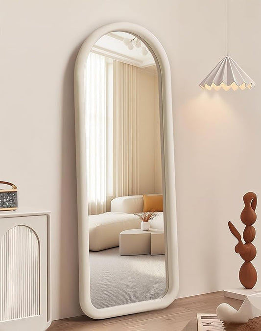 Delma Arched Full Length Mirror, Free Standing Floor Velvet Frame Mirror for Leaning or Hanging, Soft Touch Bedroom & Living Room Decor, Cream White