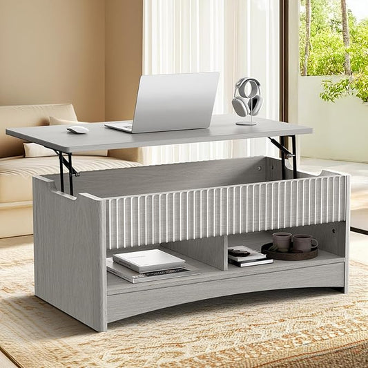 Marsail Lift Top Coffee Table with Open & Hidden Storage, Modern Fluted Coffee Table with Smooth Lift Mechanism, Sturdy Space-Saving Center Table for Home Living Room, Office, Light Grey