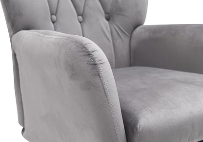 Container Furniture Direct Modern Chic Mid-Century Velvet Accent Armchair for Living Room, Bedroom, or Home Office, Button-Tufted Wingback Design with Gold Flared Legs, Grey