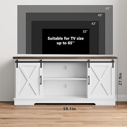 GarveeHome Farmhouse Tv Stand for 65 Inches TVs, Entertainment Center with Sliding Barn Doors and Adjustable Shelf, Modern Media TV Console TV Stand Table for Living Room, Bedroom, White
