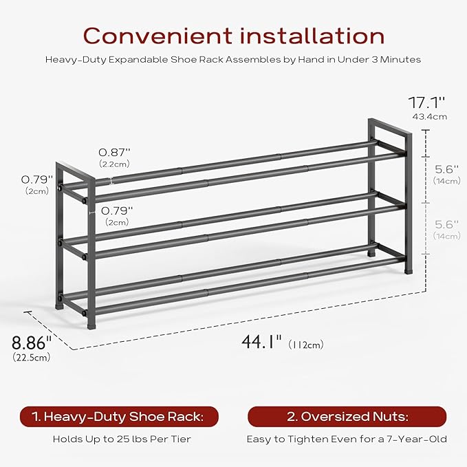 Bumusty 3-Tier Long Expandable Shoe Rack for Closet, 18"-44" Adjustable Shoe Rack for Entryway, 15-18 Pairs Large Shoe Organizer Shelf Storage, Sturdy Metal, Grey