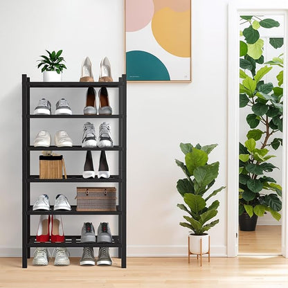 Haddockway small 6 Tier Bamboo Shoe Rack Storage Organizer, Multifunctional Free Standing Stackable Shoe Shelf with Grid Panel for Closet,Hallway,Entryway,Small Space 18"x11"x34"(Black, 6-Tier(Small))
