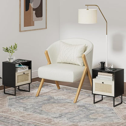 Masupu Boho Night Stand, Small Rattan Side Table, Wood Nightstand with Drawer and Charging Station, Bedside Table with White Shelf, End Table for Bedroom,Living Room,Office (Black Mix White)