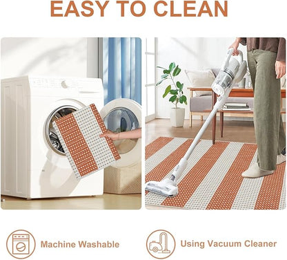 OJIA Outdoor Patio Rug 5'x7', Striped Outdoor Rugs Washable Checkered Area Rugs Cotton Woven Indoor Accent Rugs for Bedroom/Living Room/Front Porch/Deck/Backyard/Camping (Orange/White/Tan)