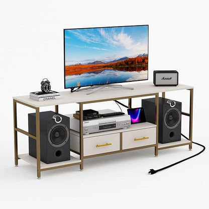 TV Stand for 75 Inch TV, TV Stands for Living Room with 2 Storage Drawers, Entertainment Center with Power Outlets, TV Stand for Bedroom, Television Stands, White/Gold