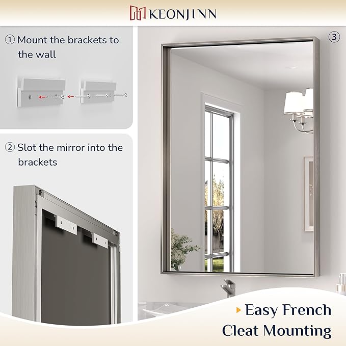 Keonjinn 72 x 36 in Brushed Nickel Mirror for Bathroom Sink, Rectangular Metal Framed Vanity Wall Mirror Square Corner Aluminum Alloy Modern Rectangle Silver Mirror for Over Sink(Horizontal/Vertical)