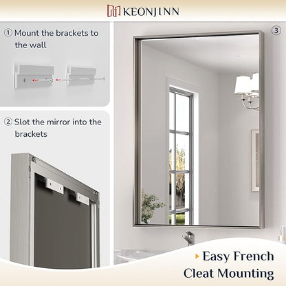 Keonjinn 48 x 40 in Brushed Nickel Bathroom Mirror, Rectangular Wall Metal Framed Vanity Mirror Square Corner Aluminum Alloy Modern Rectangle Wall-Mounted Mirror(Horizontal/Vertical)