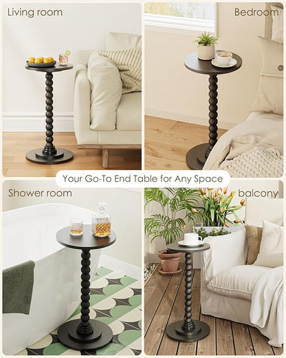 Masupu Round Side Table, Small End Table for Small Spaces, Pedestal Drink Table with Solid Wood Leg for Living Room, Bedroom, Corners(Black)