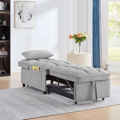 KEIKI Velvet Single Convertible Sleeper Chair Sofa Bed with Adjustable Backrest, Pillows & Storage Pockets, 3 in 1 Pull-Out Couch Chaise Lounge Recliner for Living Room Balcony Bedroom, Grey