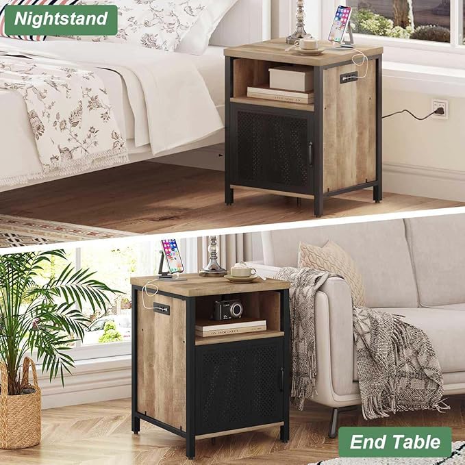 FATORRI End Table with Storage, Rustic Side Table for Living Room, Narrow Wood and Metal Bedside Tables with Door (Rustic Oak)