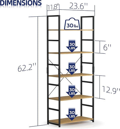 NUMENN 5 Tier Bookshelf, Tall Bookcase Shelf Storage Organizer, Modern Book Shelf for Bedroom, Living Room and Home Office, Natural