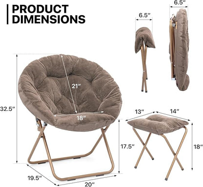 MoNiBloom Round Folding Faux Fur Saucer Chair for Bedroom Living Room Dorm Foldable Metal Frame Oversized Large Comfy Furry Padded Soft Cozy Moon Chair with Footrest Ottoman for Adults (Beige)