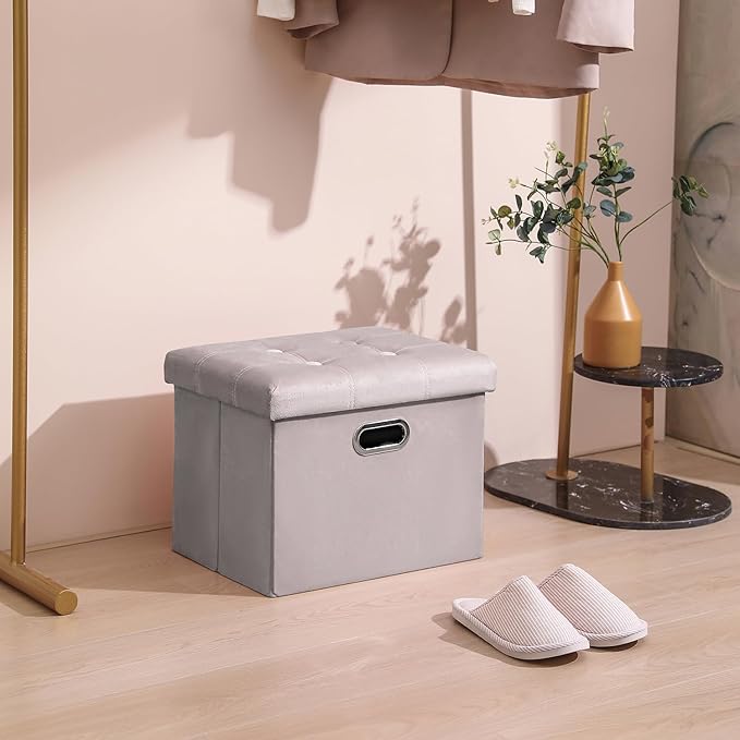 PRANDOM Ottoman with Storage [1-Pack] Velvet Folding Small Square Foot Stool with Lid for Living Room Bedroom Coffee Table Dorm Light Grey 17x13x13 inches