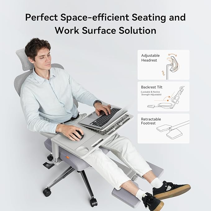 Newtral Office Chair Ergonomic - Home Office Desk Chair, Big and Tall Office Chair, Auto-Following Lumbar Support, 4D Armrest, Adjustable Seat Depth and Heigt (with Footrest + Laptop Tray, Gray)