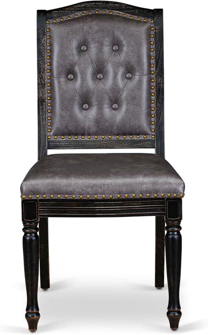 LEMA9-SBB-34, 9-pc Dining Table Set Consists of a Dining Table and 8 Dark Grey Polyester Fabric Modern Dining Chairs with Button Tufted Back, Sand Blasting Black Finish