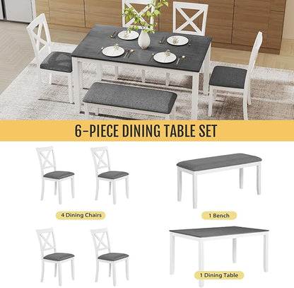 6-Piece Solid Wood Dining Table Set, Including 1 Dining Table, 4 Upholstered Chairs and 1 Bench, Wooden Legs Dining Table Set for Dining Room, Kitchen, Restaurant, White