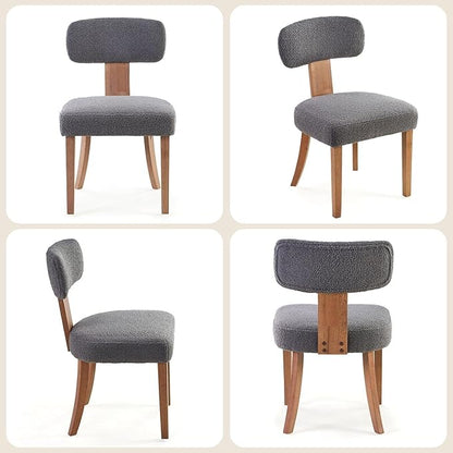 Farmhouse Chair Set of 2, Mid Century Modern Dining Chairs, Sherpa Upholstered Kitchen Chairs with Curved Backrest & Adjustable Legs for Living Room/Bedroom, Easy to Install, Grey Sherpa