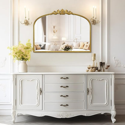 WallBeyond Gold Vintage Mirror - 32x24 Inch, Arched Antique Mirror with Ornate Frame for Bathroom, Living Room, Fireplace, Entryway