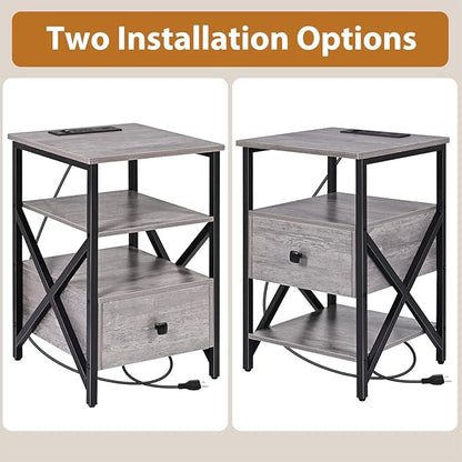 End Tables with Charging Station, Grey Charging Side Table Bedside Table with Outlets, Night Stands with Wood Drawer, Nightstand with Storage for Bedroom, Living Room