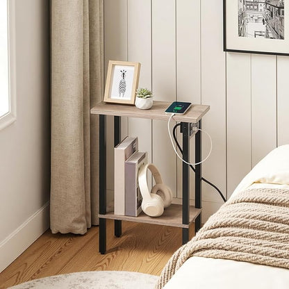HOOBRO Small End Table with Charging Station, Set of 2, Narrow Side Table with USB Port and Outlets, Skinny Sofa Table, Slim Nightstand, Living Room, Bedroom, Greige and Black BG240UBZP201