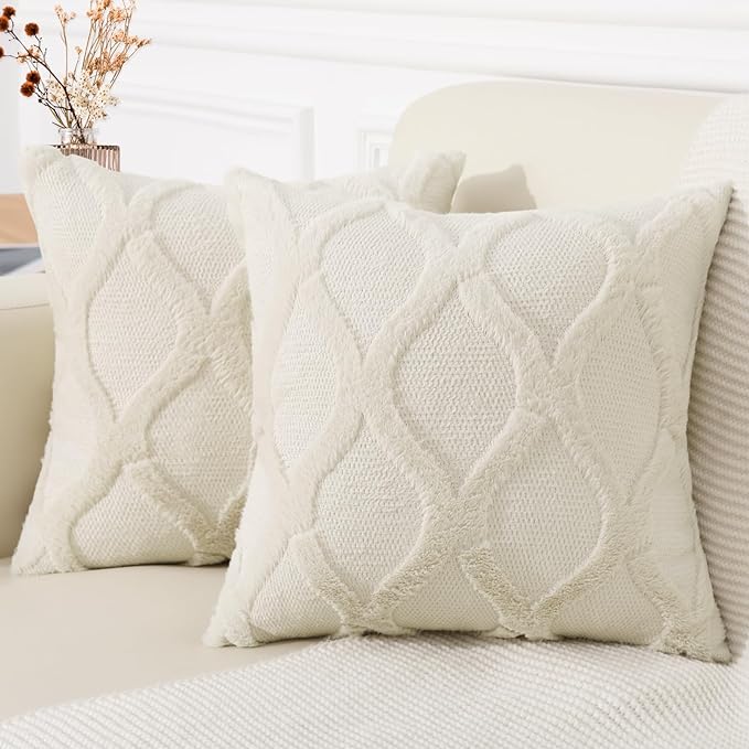 decorUhome Christmas Decorative Throw Pillow Covers 20X20 Set of 2, Soft Plush Faux Fur Wool Pillow Covers for Couch Bed Sofa Living Room, Beige