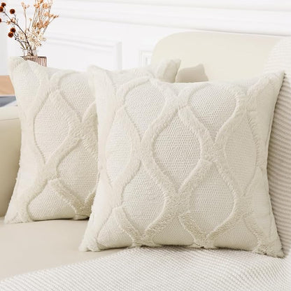 decorUhome Christmas Decorative Throw Pillow Covers 20X20 Set of 2, Soft Plush Faux Fur Wool Pillow Covers for Couch Bed Sofa Living Room, Beige