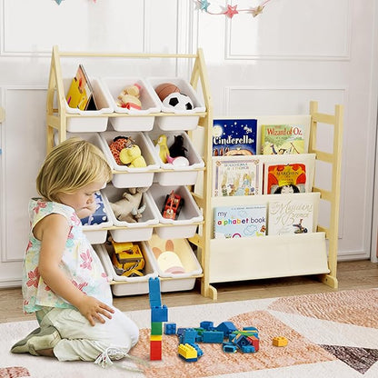 Wooden Toy Storage Organizer Kids Bookshelf, with 12 Toy Organizer Bins, Child Book Shelf for Kids Rooms, Nursery, Baby Room, Playroom, Montessori Toys Storage Organizers Rack Bookcase Shelves