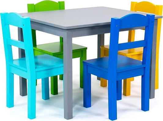 Humble Crew Kids Wooden Table and 4 Chairs Set, Grey/Blue/Green/Yellow - Kids Table and Chair Set for Toddlers and Children for Arts, Crafts, and Snack Time - Sturdy, Durable Toddler Activity Table