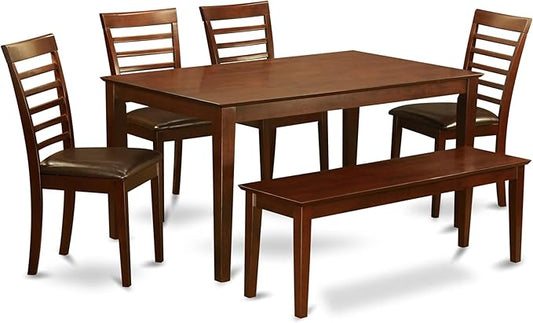 East West Furniture CAML6C-MAH-LC 6 Piece Dining Table Set Contains a Rectangle Dining Room Table and 4 Faux Leather Upholstered Chairs with a Bench, 36x60 Inch, Mahogany