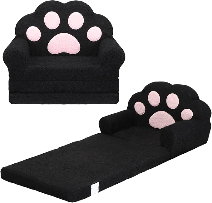 MONKISS Cat Paw Kids Couch, Toddler Chairs Comfy, Toddler Couch Bed Fold Out, Baby Lounge Chair, Birthday Gift for Girls, 1-4 Years Old, SF06, Black