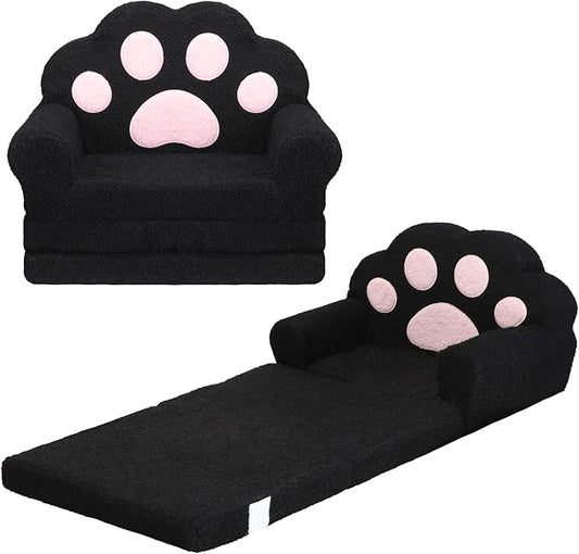 MONKISS Cat Paw Kids Couch, Toddler Chairs Comfy, Toddler Couch Bed Fold Out, Baby Lounge Chair, Birthday Gift for Girls, 1-4 Years Old, SF06, Black