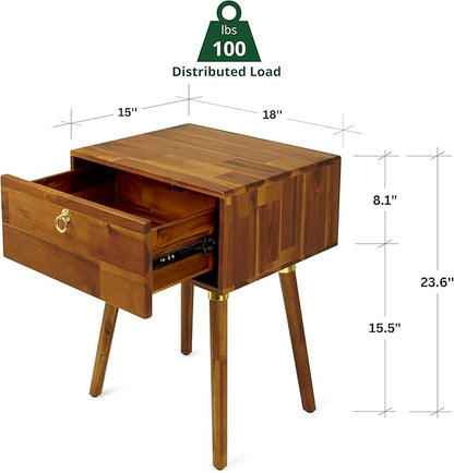 Bme Alden Solid Wood Nightstand/Side Table/End Table, Fully Assembled, with 1-Drawer for Mid Century Bedroom and Living Room, (12mm), Caramel