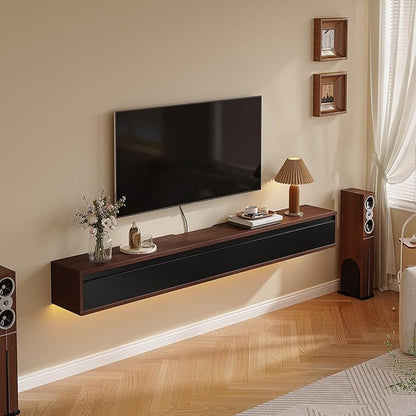 Floating TV Stand Matte Finish,70'' Wall-Mounted TV Cabinet,Floating TV Console,Under TV Shelf with 3 Doors for Living Room Bedroom(Walnut+Black)