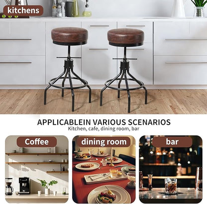 Counter Height Bar Stool Adjustable Swivel Round Barstools Modern PU Leather 28inch Backless Metal Industrial Stool Bar Chair for Kitchen Island (1, Walnut)