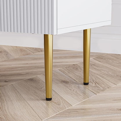 White Nightstand for Bedroom, Fluted Night Stand Set of 2, Mid Century Modern Bedside Table with Gold Metal Legs
