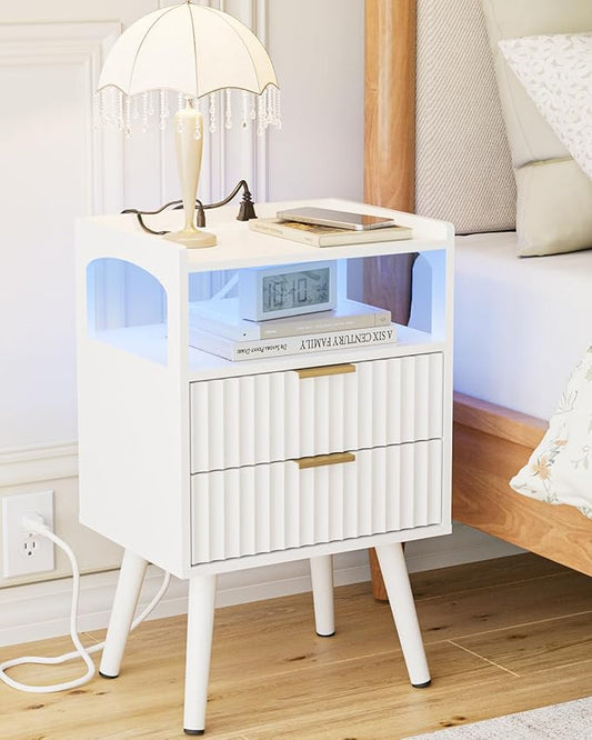Nightstand with Charging Station and LED Lights,Modern Bedside Table with 2Drawer and Open Shelf,White Night Stand with Solid Wood Legs,End Table for Living Room、Bedroom and Small Spaces