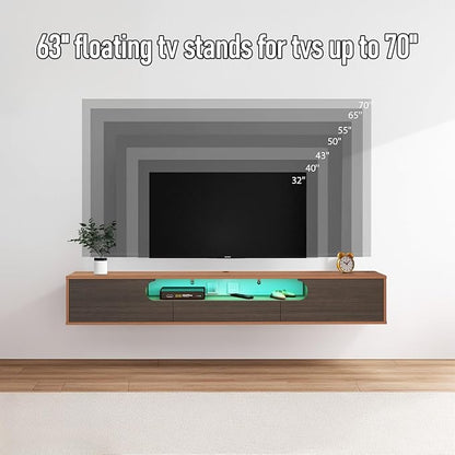Pmnianhua Floating TV Stand with LED Lights,63'' Wall Mounted TV Cabinet Floating Under TV Shelf Media Console Entertainment Center with Storage Living Room Playroom Bedroom(Walnut)