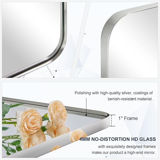 MOON MIRROR Chrome Pivot Rectangle Bathroom Mirror, Modern Tilt Rounded Rectangular Pivoting Vanity Mirrors for Wall, Stainless Steel Metal Polish Frame, Overall 32.33 x 36 in (Mirror 28x 36 in)